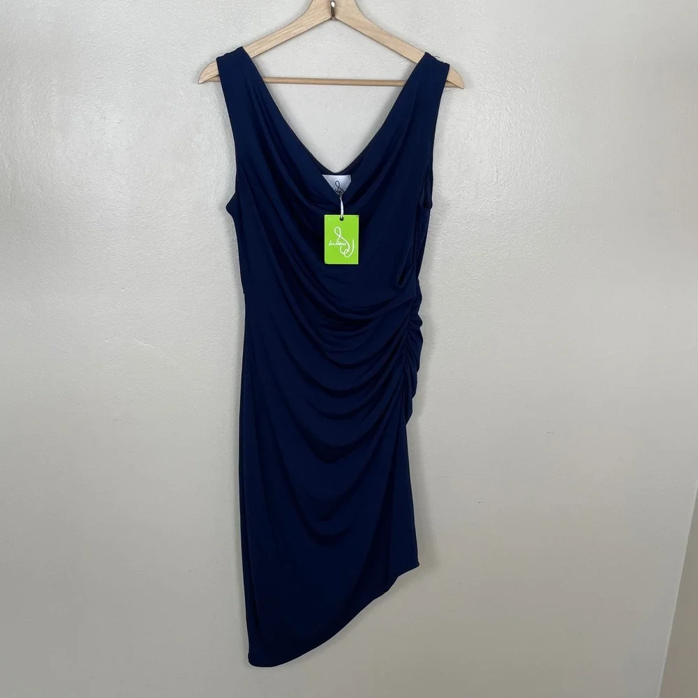 Sam Edelman Women's Small Asymmetrical Ruched Cowl Neck Dress‎ Navy Blue NEW